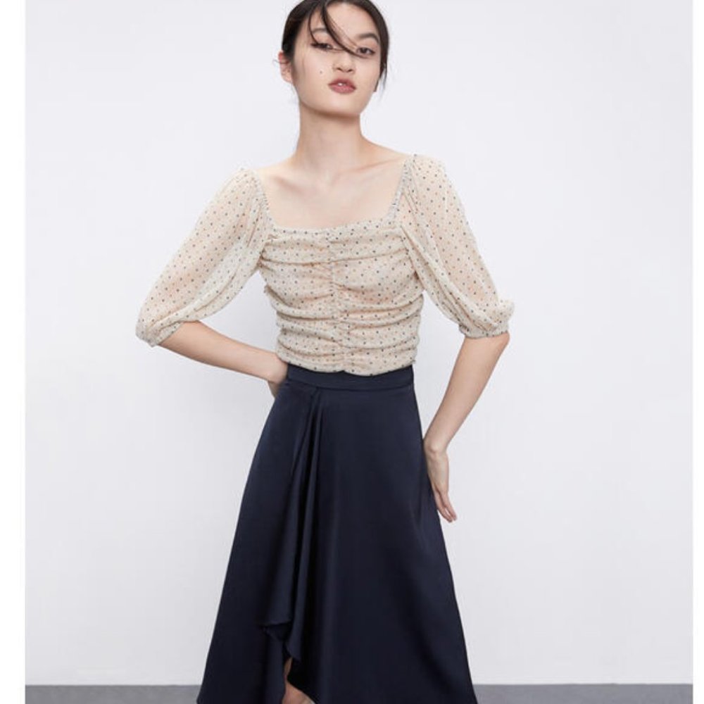 Women pleated square neck mid-sleeve T-shirt
